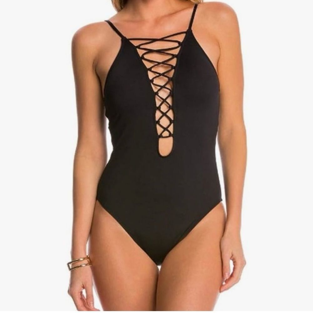 La Blanca Black Lace-Up One Piece Swimsuit NWT Size 4 Convertible Straps